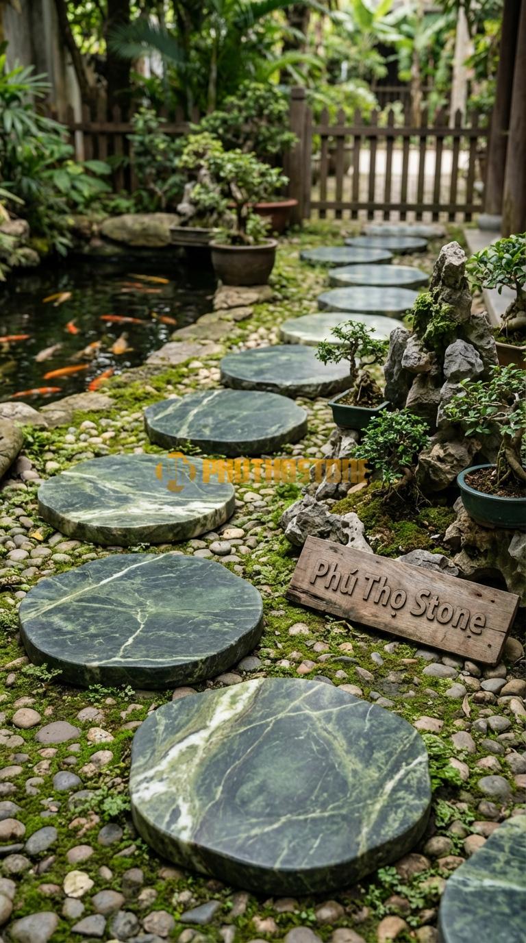 Đá Bước Dạo Quy Cách Tròn Xoay Tâm Đá Serpentine Phi 40, Dày 5, Bề Mặt Mài Mờ (Honed)