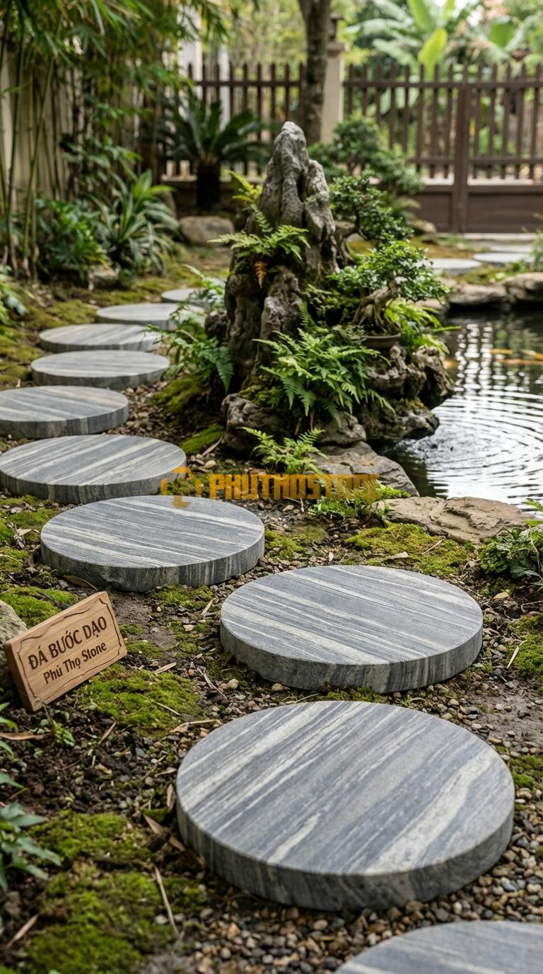 Đá Bước Dạo Quy Cách Tròn Xoay Tâm Đá Sọc Dưa Phi 40, Dày 5, Bề Mặt Mài Mờ (Honed)