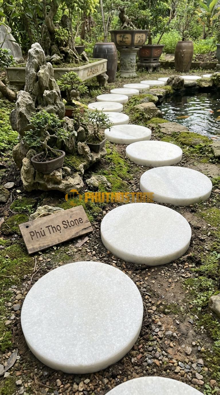 Đá Bước Dạo Quy Cách Tròn Xoay Tâm Đá Trắng Muối Phi 40, Dày 5, Bề Mặt Mài Mờ (Honed)