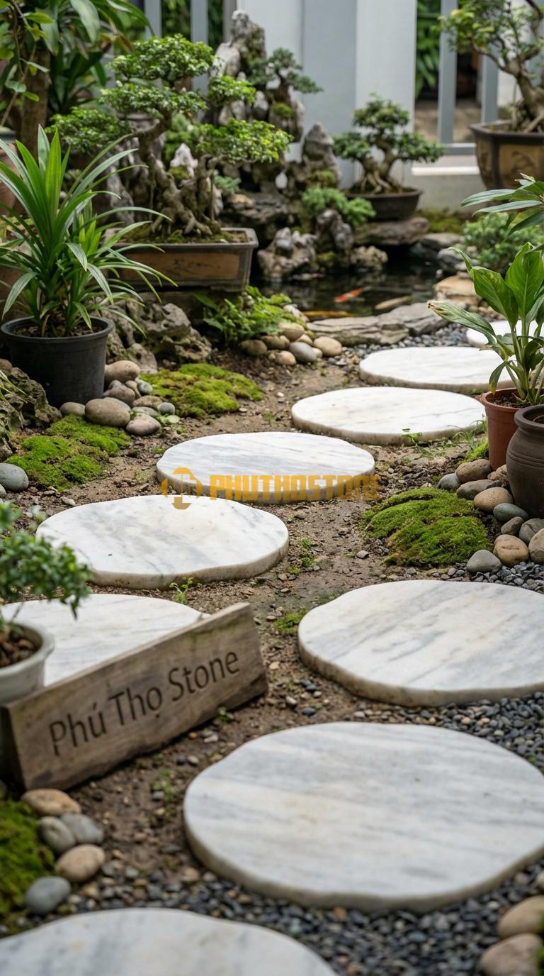 Đá Bước Dạo Quy Cách Tròn Xoay Tâm Đá Trắng Xanh Phi 40, Dày 5, Bề Mặt Mài Mờ (Honed)