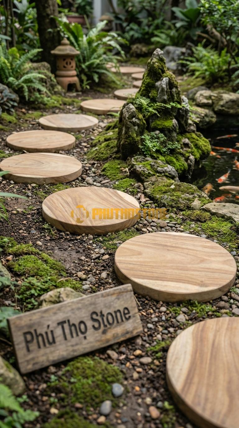 Đá Bước Dạo Quy Cách Tròn Xoay Tâm Đá Vân Gỗ Phi 40, Dày 5, Bề Mặt Mài Mờ (Honed)