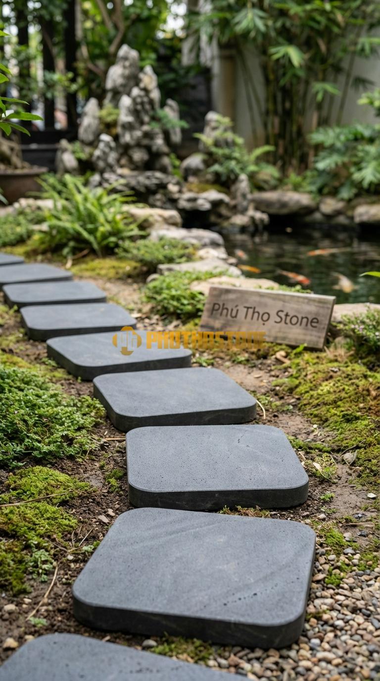 Đá Bước Dạo Quy Cách Vuông Bo Góc Tròn Đá Bazan 40 x 40, Dày 4, Bề Mặt Khò Chải Giả Cổ