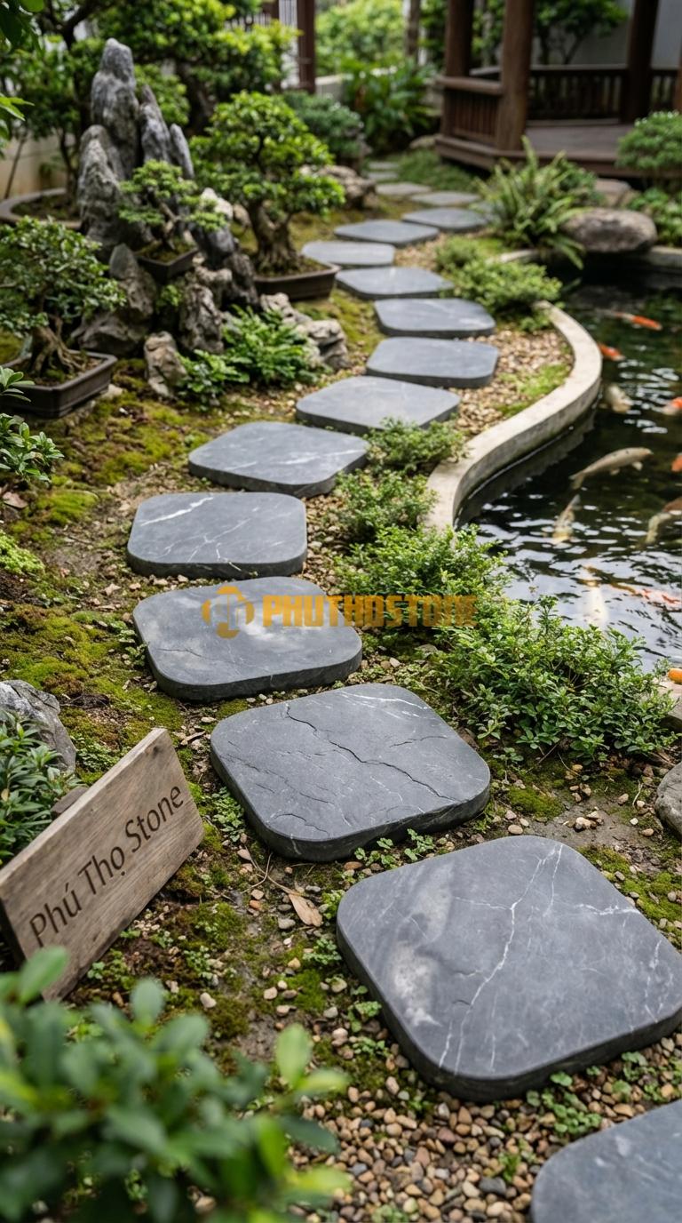Đá Bước Dạo Quy Cách Vuông Bo Góc Tròn Đá Đen Thiên An 40 x 40, Dày 4, Bề Mặt Khò Chải Giả Cổ