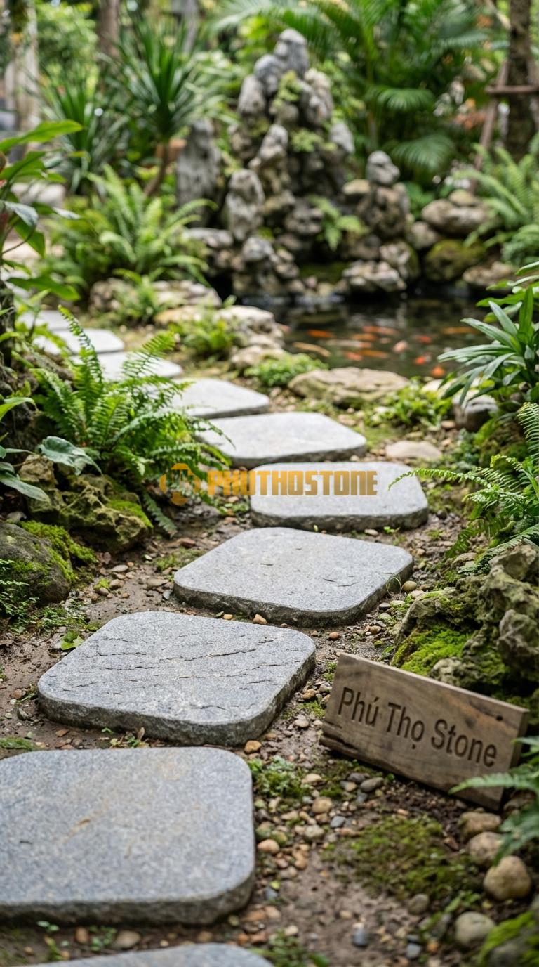 Đá Bước Dạo Quy Cách Vuông Bo Góc Tròn Đá Granite 40 x 40, Dày 4, Bề Mặt Khò Chải Giả Cổ
