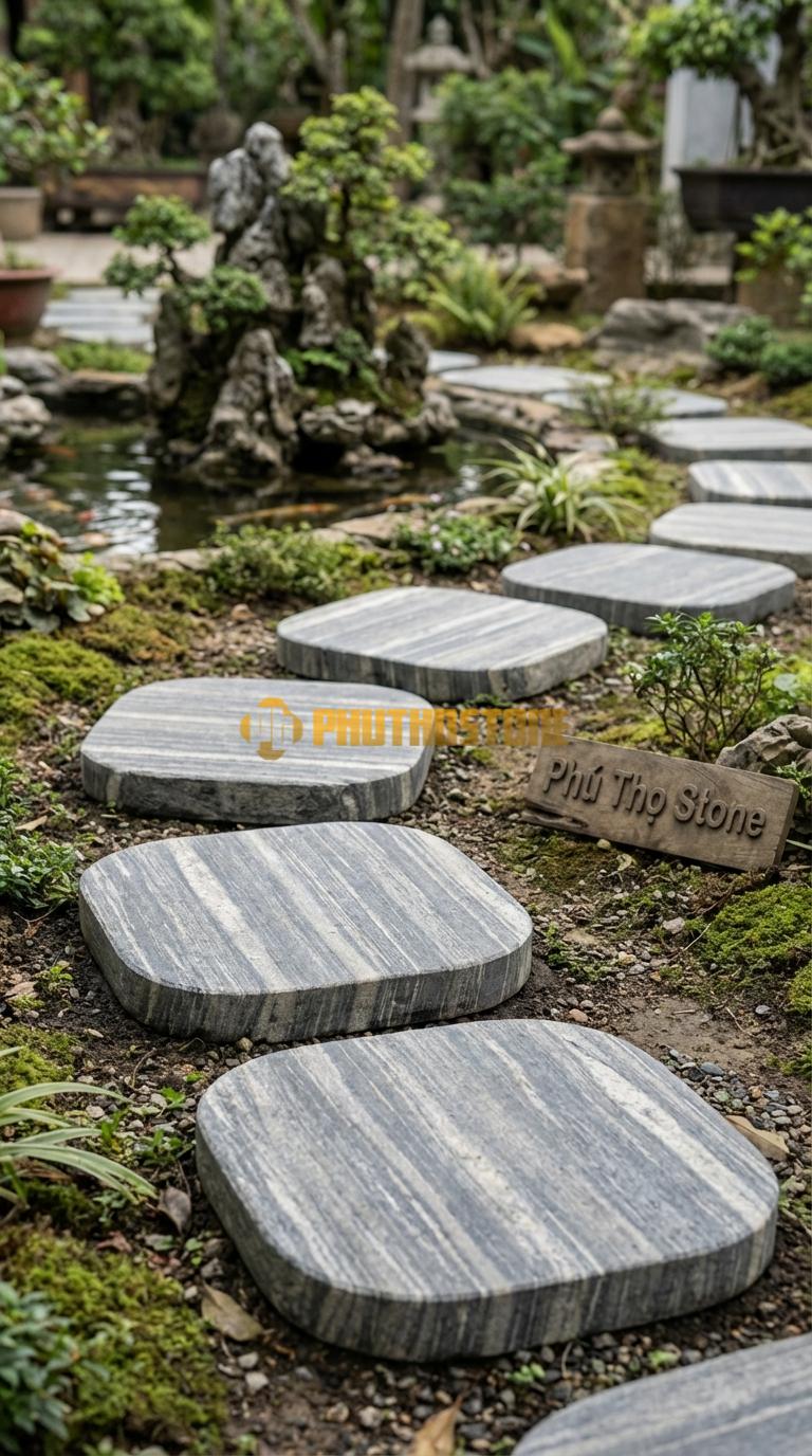 Đá Bước Dạo Quy Cách Vuông Bo Góc Tròn Đá Sọc Dưa 40 x 40, Dày 4, Bề Mặt Khò Chải Giả Cổ