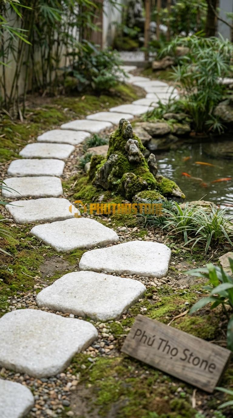 Đá Bước Dạo Quy Cách Vuông Bo Góc Tròn Đá Trắng Muối 40 x 40, Dày 4, Bề Mặt Khò Chải Giả Cổ