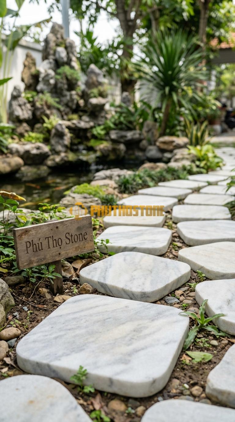 Đá Bước Dạo Quy Cách Vuông Bo Góc Tròn Đá Trắng Xanh 40 x 40, Dày 4, Bề Mặt Khò Chải Giả Cổ