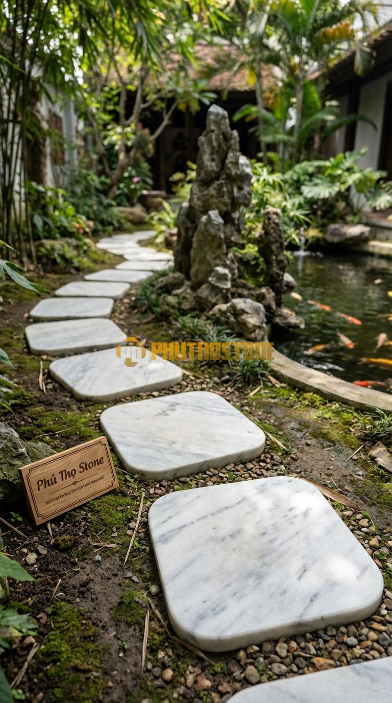 Đá Bước Dạo Quy Cách Vuông Bo Góc Tròn Đá Trắng Yên Bái 40 x 40, Dày 4, Bề Mặt Khò Chải Giả Cổ