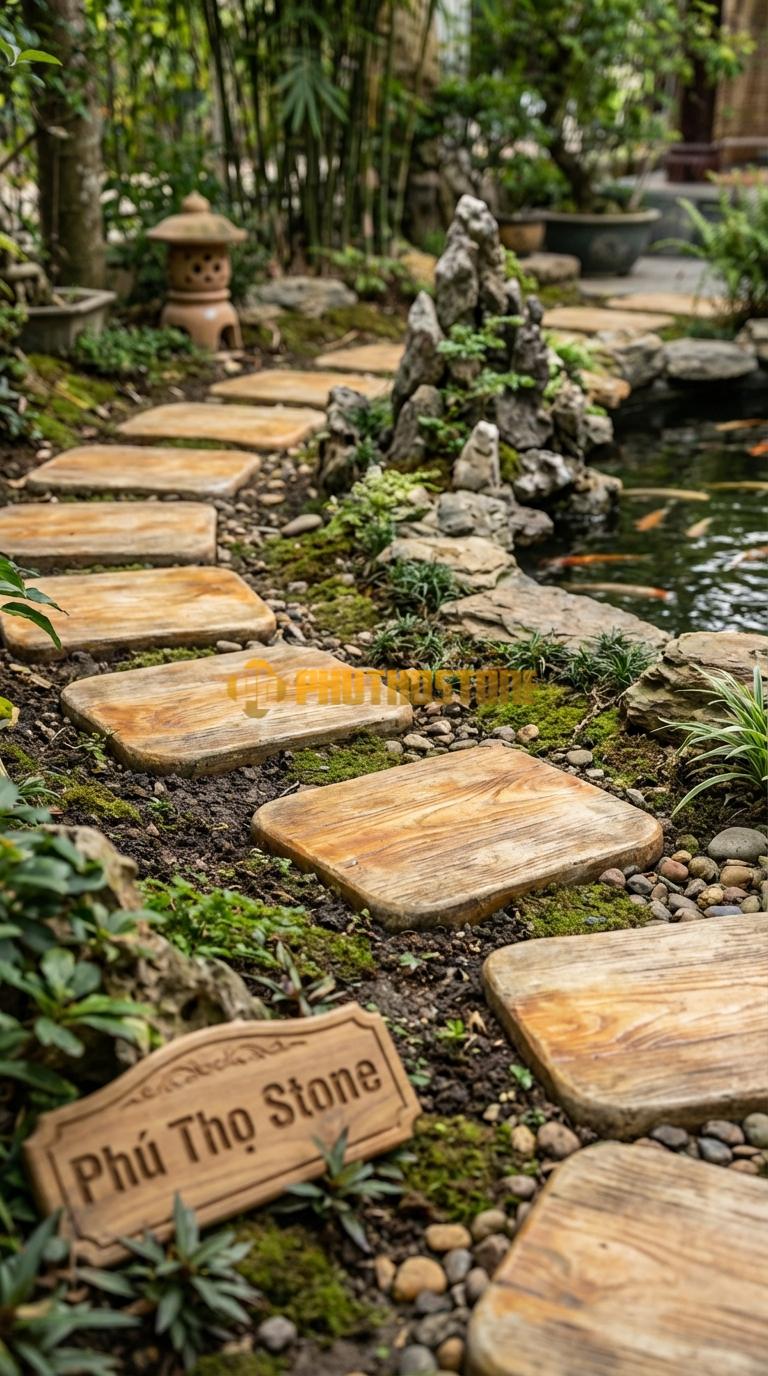 Đá Bước Dạo Quy Cách Vuông Bo Góc Tròn Đá Vân Gỗ 40 x 40, Dày 4, Bề Mặt Khò Chải Giả Cổ