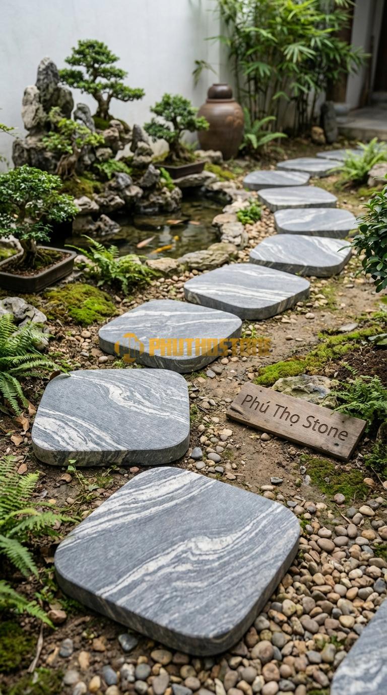 Đá Bước Dạo Quy Cách Vuông Bo Góc Tròn Đá Vân Mây 40 x 40, Dày 4, Bề Mặt Khò Chải Giả Cổ
