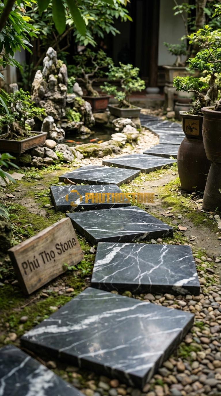 Đá Bước Dạo Quy Cách Vuông Khổ Lớn Đá Đen Tia Chớp 60 x 60, Dày 5, Bề Mặt Băm Mặt Toàn Phần
