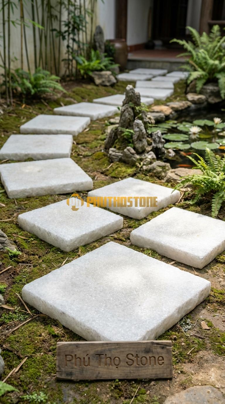 Đá Bước Dạo Quy Cách Vuông Khổ Lớn Đá Trắng Muối 60 x 60, Dày 5, Bề Mặt Băm Mặt Toàn Phần