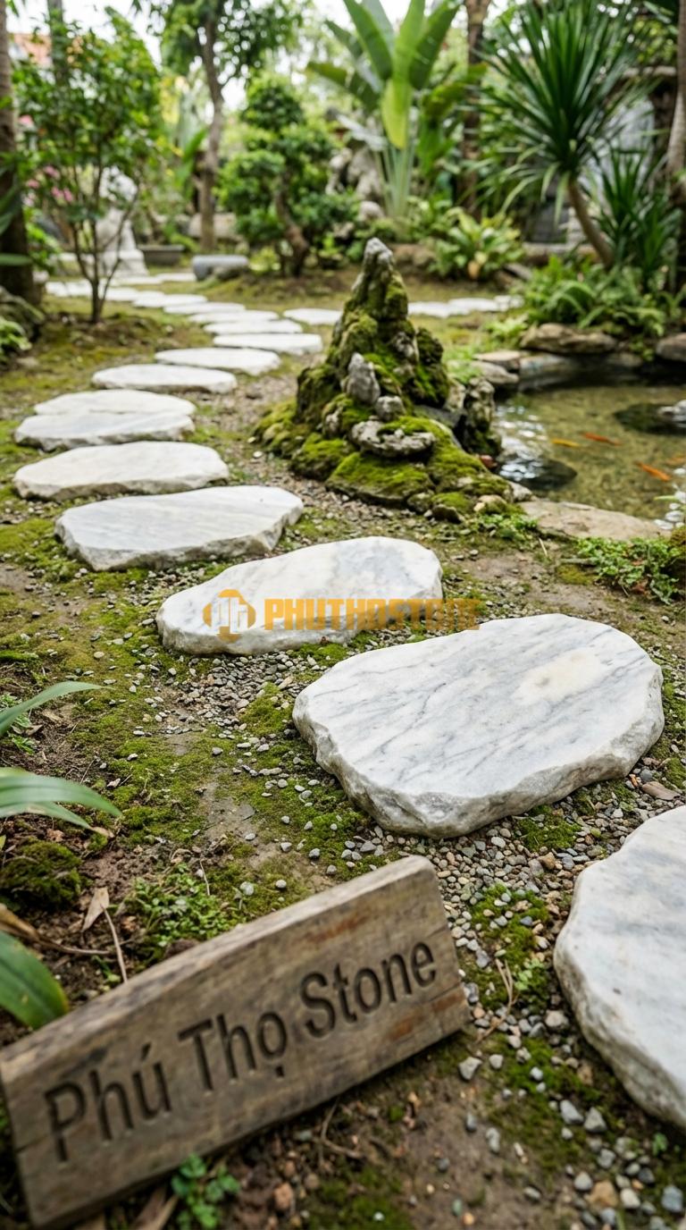 Đá Bước Dạo Quy Cách Vuông Khổ Lớn Đá Trắng Xanh 60 x 60, Dày 5, Bề Mặt Băm Mặt Toàn Phần