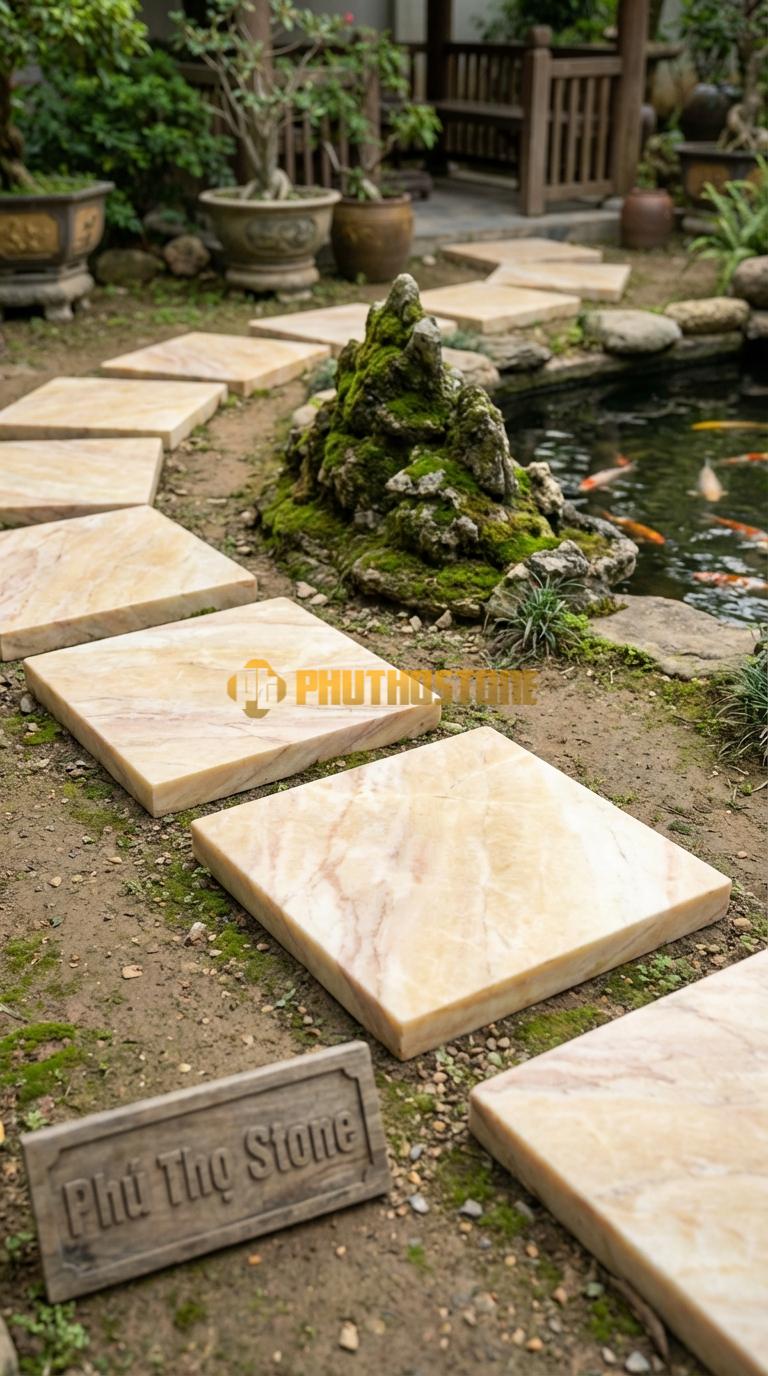 Đá Bước Dạo Quy Cách Vuông Khổ Lớn Đá Vàng Nghệ An 60 x 60, Dày 5, Bề Mặt Băm Mặt Toàn Phần