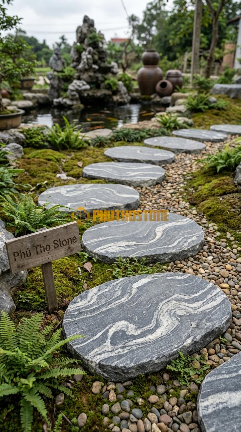Đá Bước Dạo Tự Nhiên Đá Thớt Oval Méo Đá Vân Mây 40 x 60, Dày 3, Bề Mặt Băm Mặt Da Báo