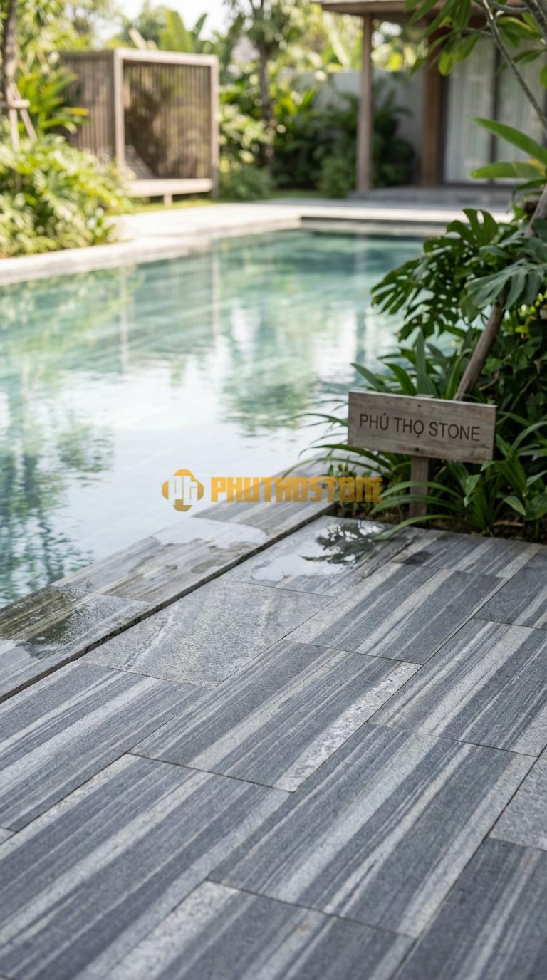 Đá Lát Sân Hồ Bơi Đá Lát Sân Chống Trơn Chất Liệu Đá Sọc Dưa Mài Cát (Sandblasted), Mặt Nhám Mịn 40x40x2