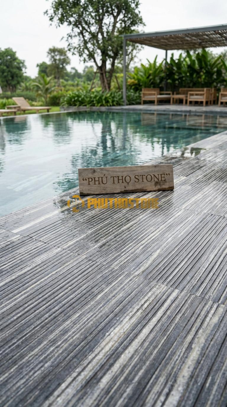 Đá Lát Sân Hồ Bơi Đá Lát Sân Chống Trơn Chất Liệu Đá Sọc Dưa Khía Rãnh Ngang (Grooved), Tạo Ma Sát Tuyến Tính 15x60x2