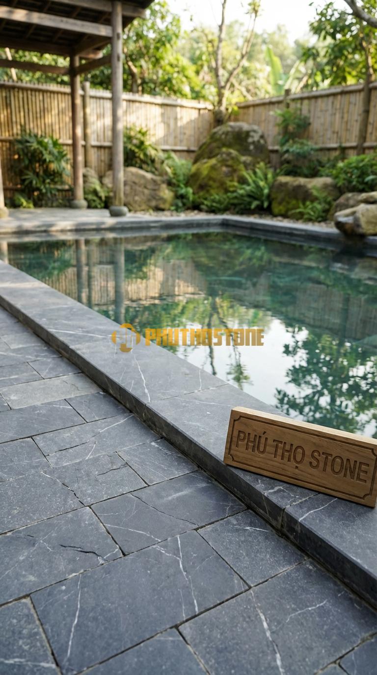 Đá Ốp Lòng Hồ Bơi Đá Mosaic Tự Nhiên Chất Liệu Đá Đen Thiên An Hình Chữ Nhật So Le (Brick Style), Mài Bóng Chip: 2.5×5.0 / Vỉ: 30×30