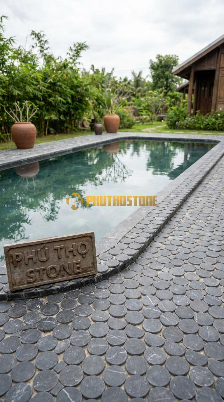 Đá Ốp Lòng Hồ Bơi Đá Mosaic Tự Nhiên Chất Liệu Đá Đen Thiên An Dạng Đồng Xu Tròn (Penny Round) Đk: 2.5 / Vỉ: 30×30