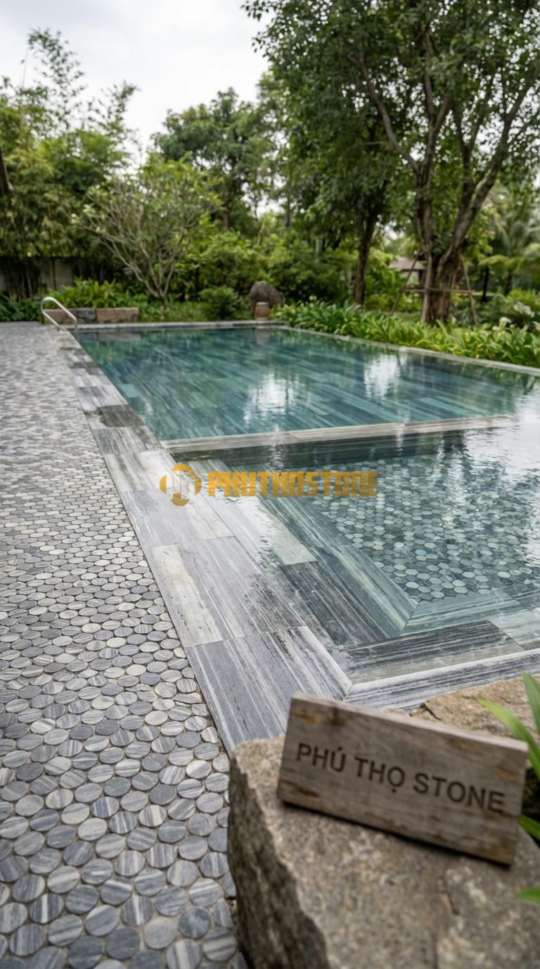 Đá Ốp Lòng Hồ Bơi Đá Mosaic Tự Nhiên Chất Liệu Đá Sọc Dưa Dạng Đồng Xu Tròn (Penny Round) Đk: 2.5 / Vỉ: 30×30