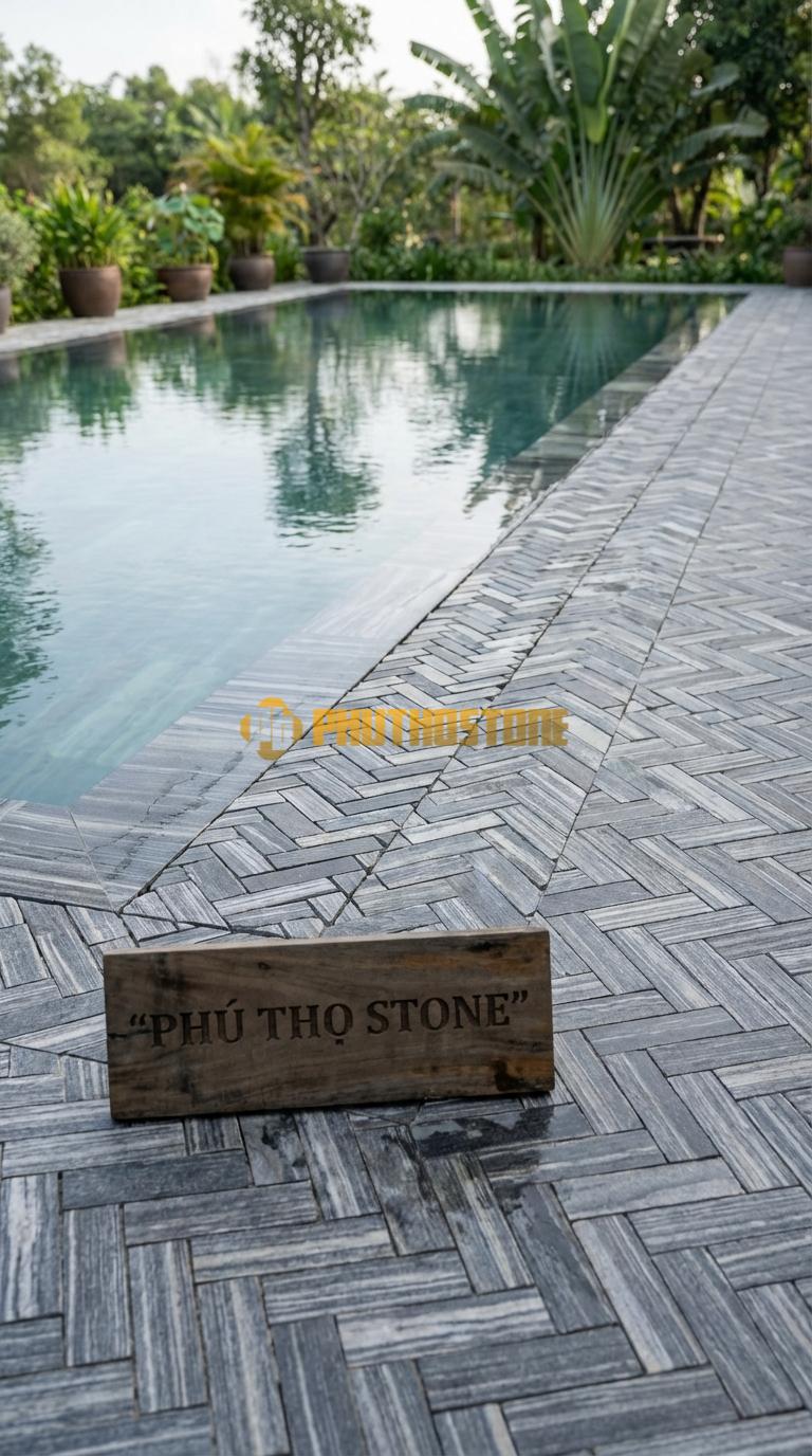 Đá Ốp Lòng Hồ Bơi Đá Mosaic Tự Nhiên Chất Liệu Đá Sọc Dưa Hình Xương Cá (Herringbone), Vân Mây Chip: 2.5×7.0 / Vỉ: 30×30