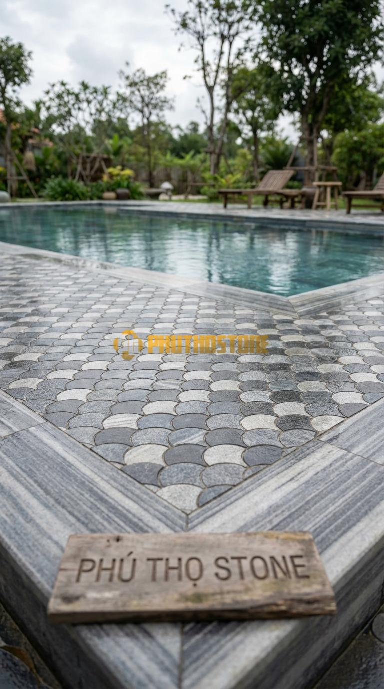 Đá Ốp Lòng Hồ Bơi Đá Mosaic Tự Nhiên Chất Liệu Đá Sọc Dưa Hình Vảy Cá (Fish Scale/Fan), Mài Bóng Chip: 5.0×5.0 / Vỉ: 30×30