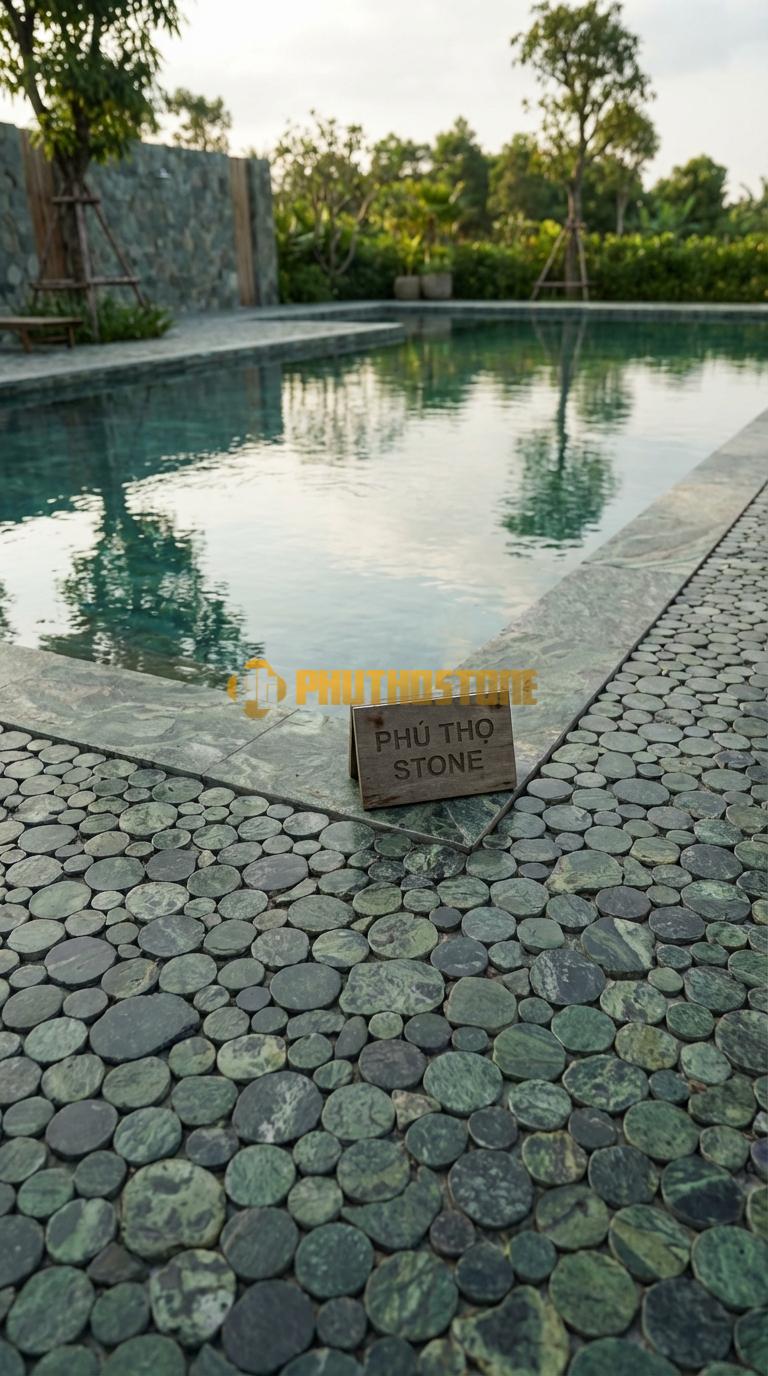 Đá Ốp Lòng Hồ Bơi Đá Mosaic Tự Nhiên Chất Liệu Đá Xanh Rêu Dạng Đồng Xu Tròn (Penny Round) Đk: 2.5 / Vỉ: 30×30