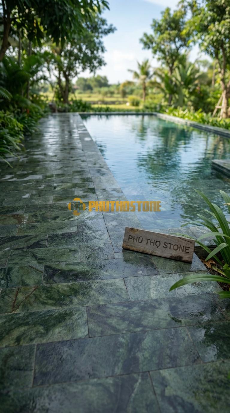 Đá Ốp Lòng Hồ Bơi Đá Mosaic Tự Nhiên Chất Liệu Đá Xanh Rêu Hình Chữ Nhật So Le (Brick Style), Mài Bóng Chip: 2.5×5.0 / Vỉ: 30×30