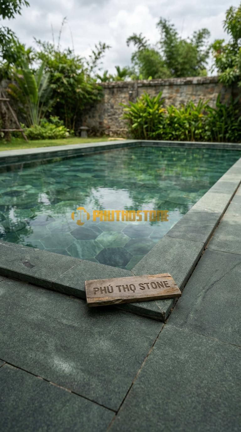 Đá Ốp Lòng Hồ Bơi Đá Mosaic Tự Nhiên Chất Liệu Đá Xanh Rêu Hình Lục Giác (Hexagon), Bề Mặt Mịn Chip: 4.8X4.8 / Vỉ: 30×30