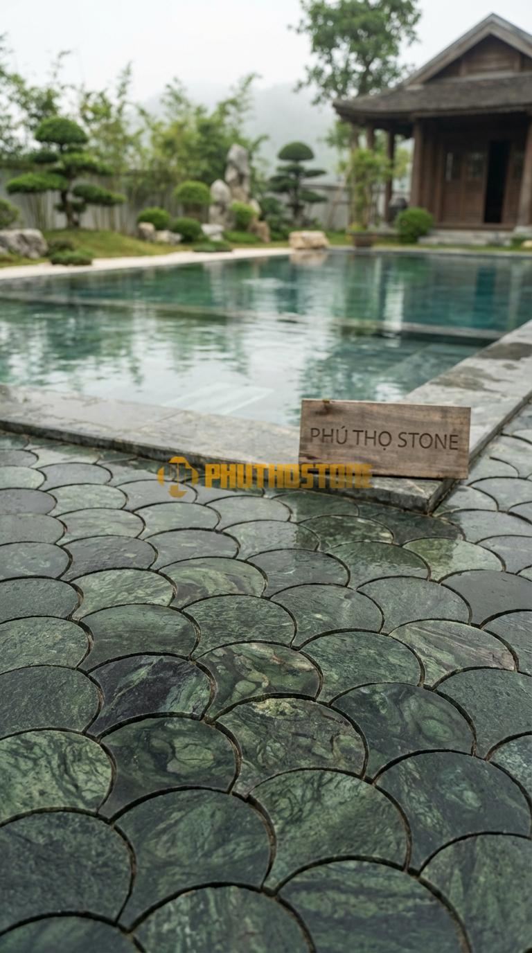 Đá Ốp Lòng Hồ Bơi Đá Mosaic Tự Nhiên Chất Liệu Đá Xanh Rêu Hình Vảy Cá (Fish Scale/Fan), Mài Bóng Chip: 5.0×5.0 / Vỉ: 30×30
