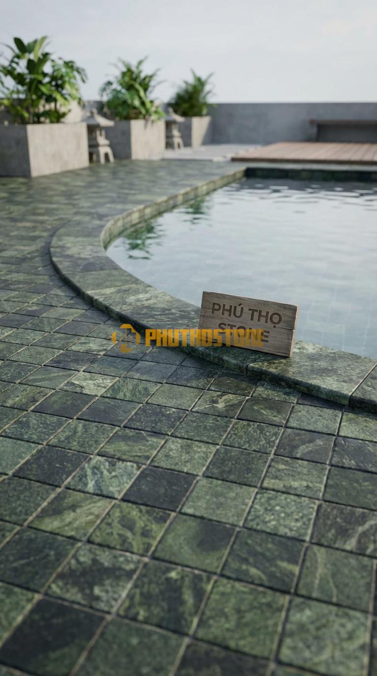 Đá Ốp Lòng Hồ Bơi Đá Mosaic Tự Nhiên Chất Liệu Đá Xanh Rêu Vuông, Mài Mờ, Phối 3 Tông Màu (Mix Color) Chip: 2.3×2.3 / Vỉ: 30×30