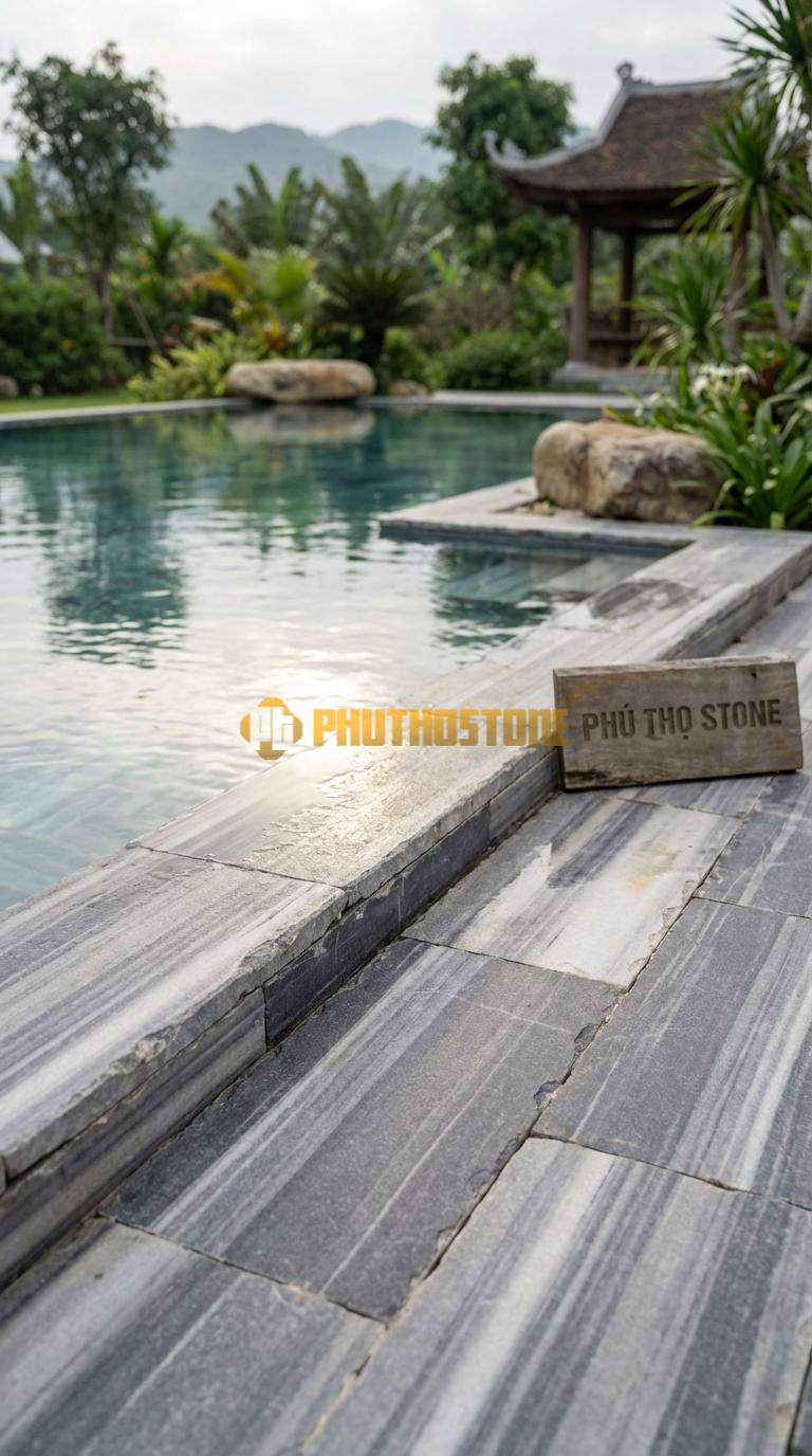Đá Ốp Lòng Hồ Bơi Đá Quy Cách Ốp Lòng Chất Liệu Đá Sọc Dưa Giả Cổ, Cạnh Sứt Mẻ (Tumbled), Bề Mặt Mịn 10x20x2