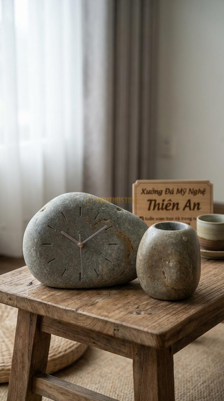 Đồng Hồ Để Bàn Đá Cao Cấp Đá Cuội Đồng Hồ Đôi (Gồm đồng hồ và lọ cắm bút bằng đá) 15cm x 30cm x 10cm
