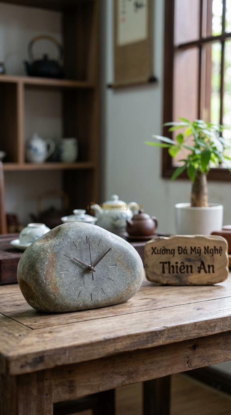 Đồng Hồ Để Bàn Đá Cao Cấp Đá Cuội Ổn Định (Khối chữ nhật nằm ngang, kẹp lịch) 12cm x 25cm x 7cm