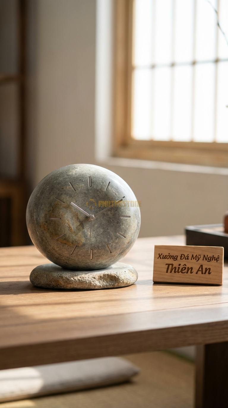 Đồng Hồ Để Bàn Đá Cao Cấp Đá Cuội Quả Cầu Thời Gian (Đá mài tròn đặt trên đế) 12cm (Đường kính cầu)