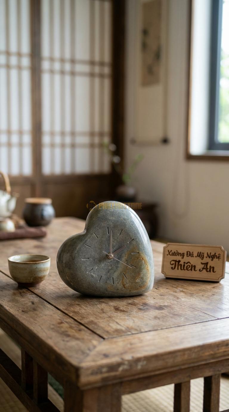 Đồng Hồ Để Bàn Đá Cao Cấp Đá Cuội Trái Tim Pha Lê (Đá mài bóng hình tim) 10cm x 10cm x 4cm