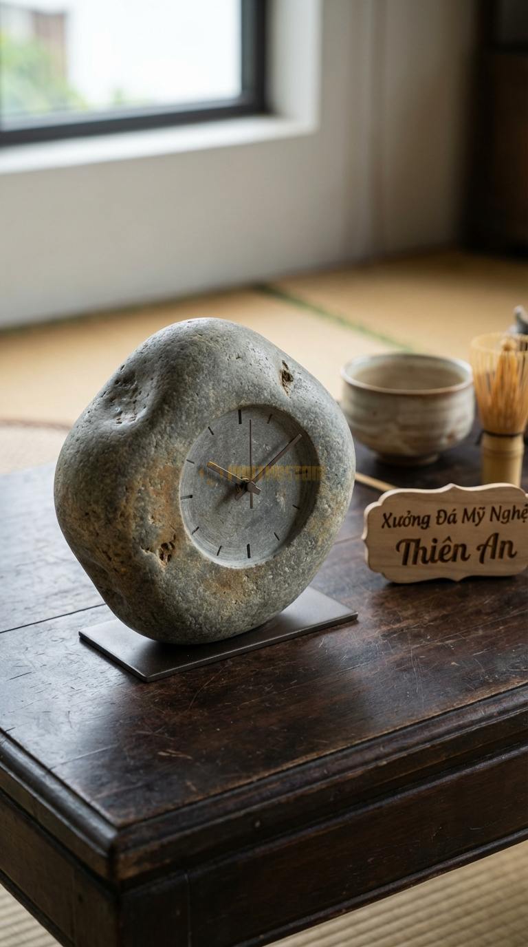 Đồng Hồ Để Bàn Đá Cao Cấp Đá Cuội Vòng Tròn Vĩnh Cửu (Mặt đá gắn trên đế kim loại) 20cm x 18cm x 6cm