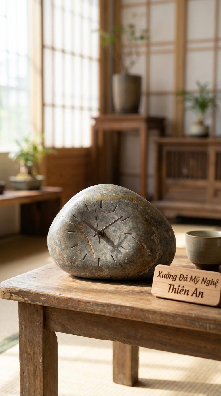 Đồng Hồ Để Bàn Đá Cao Cấp Đá Cuội Zen Stone (Dáng đá cuội tự nhiên bo tròn) 10cm x 15cm x 10cm