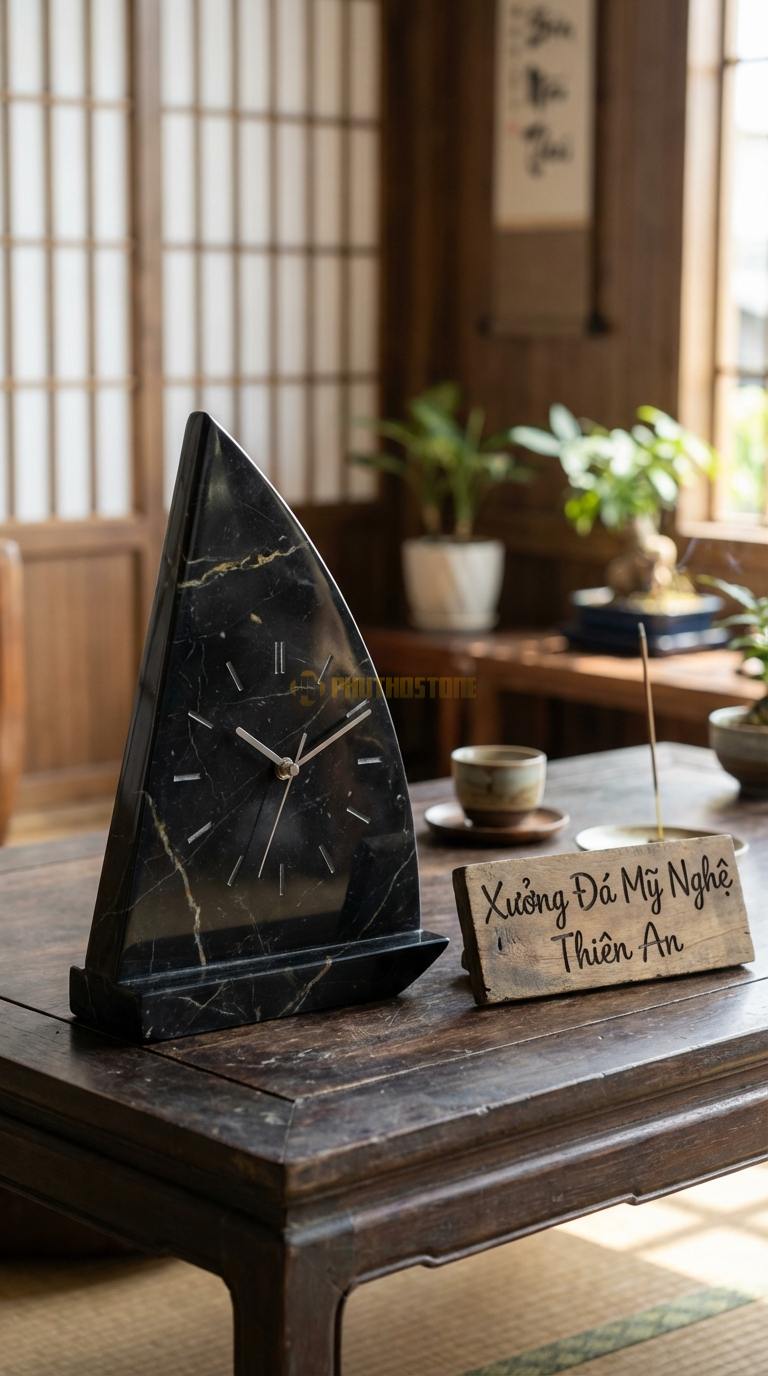 Đồng Hồ Để Bàn Đá Cao Cấp Đá Đen Chỉ Nâu Cánh Buồm Xuôi Gió (Dáng vát nhọn về phía trước) 22cm x 15cm x 6cm