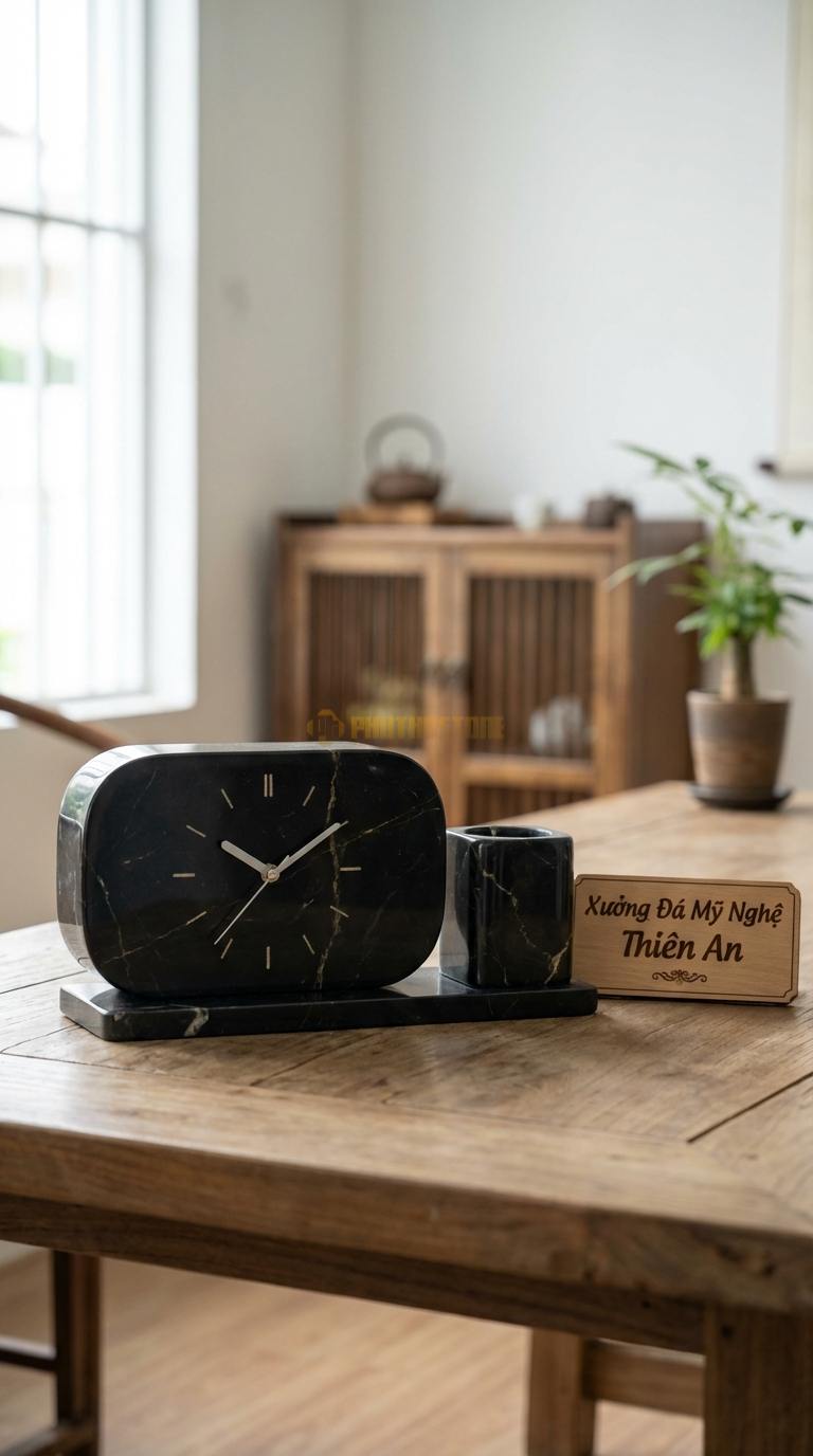 Đồng Hồ Để Bàn Đá Cao Cấp Đá Đen Chỉ Nâu Đồng Hồ Đôi (Gồm đồng hồ và lọ cắm bút bằng đá) 15cm x 30cm x 10cm