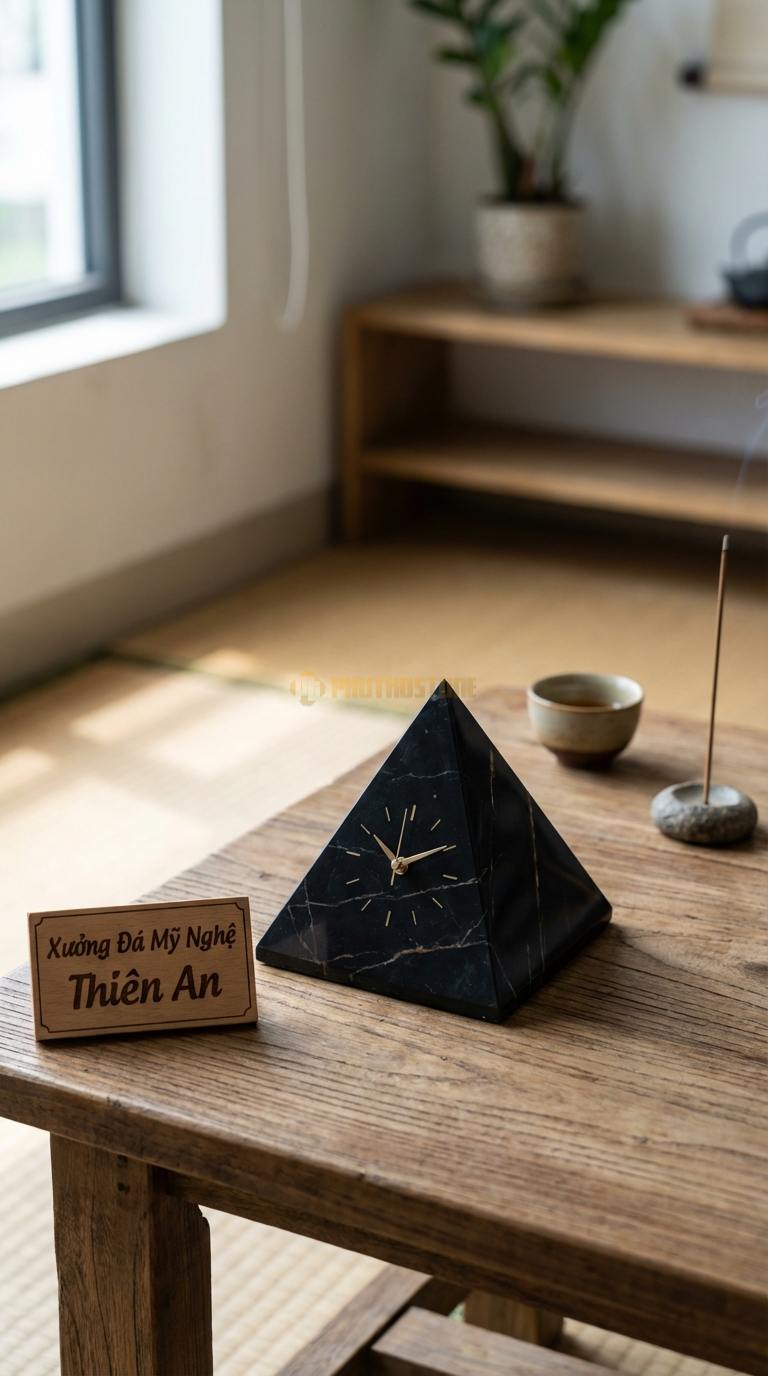 Đồng Hồ Để Bàn Đá Cao Cấp Đá Đen Chỉ Nâu Kim Tự Tháp (Dáng chóp, phong thủy tài lộc) 12cm x 12cm x 12cm