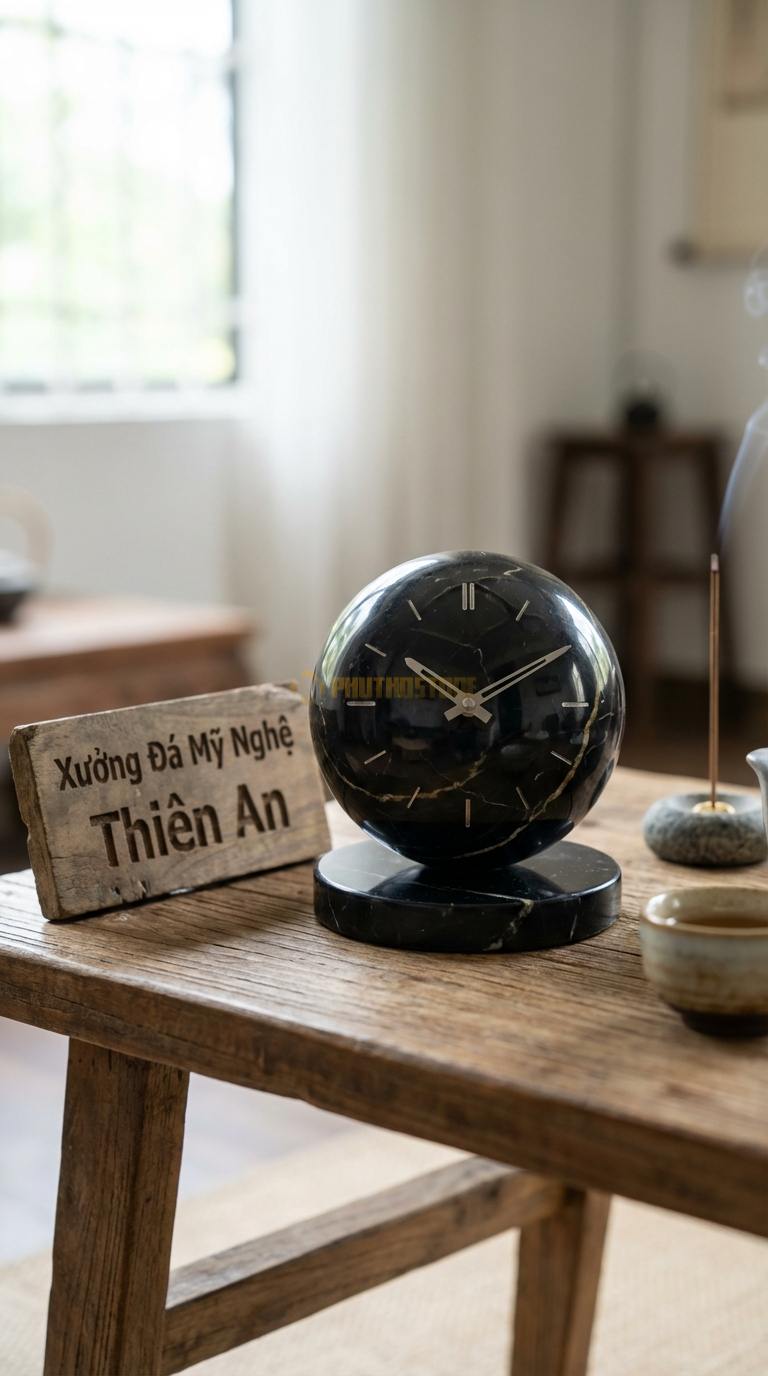Đồng Hồ Để Bàn Đá Cao Cấp Đá Đen Chỉ Nâu Quả Cầu Thời Gian (Đá mài tròn đặt trên đế) 12cm (Đường kính cầu)
