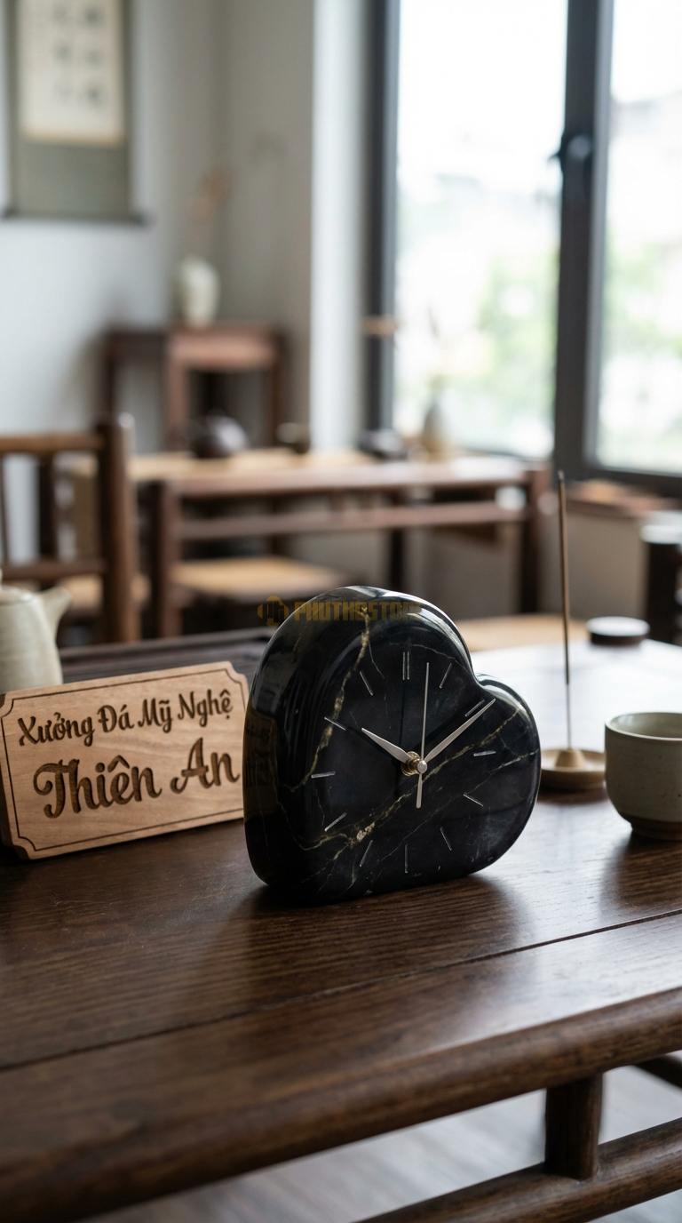 Đồng Hồ Để Bàn Đá Cao Cấp Đá Đen Chỉ Nâu Trái Tim Pha Lê (Đá mài bóng hình tim) 10cm x 10cm x 4cm