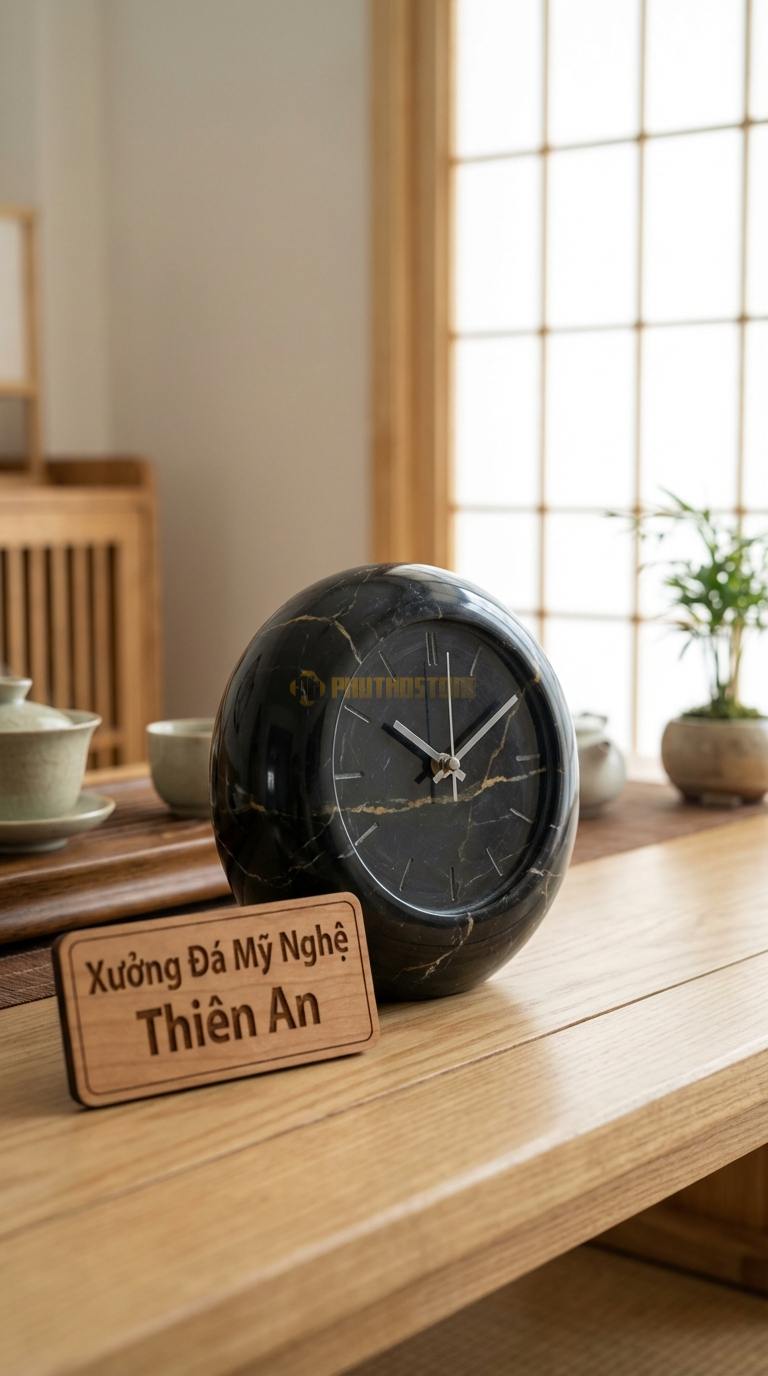 Đồng Hồ Để Bàn Đá Cao Cấp Đá Đen Chỉ Nâu Zen Stone (Dáng đá cuội tự nhiên bo tròn) 10cm x 15cm x 10cm