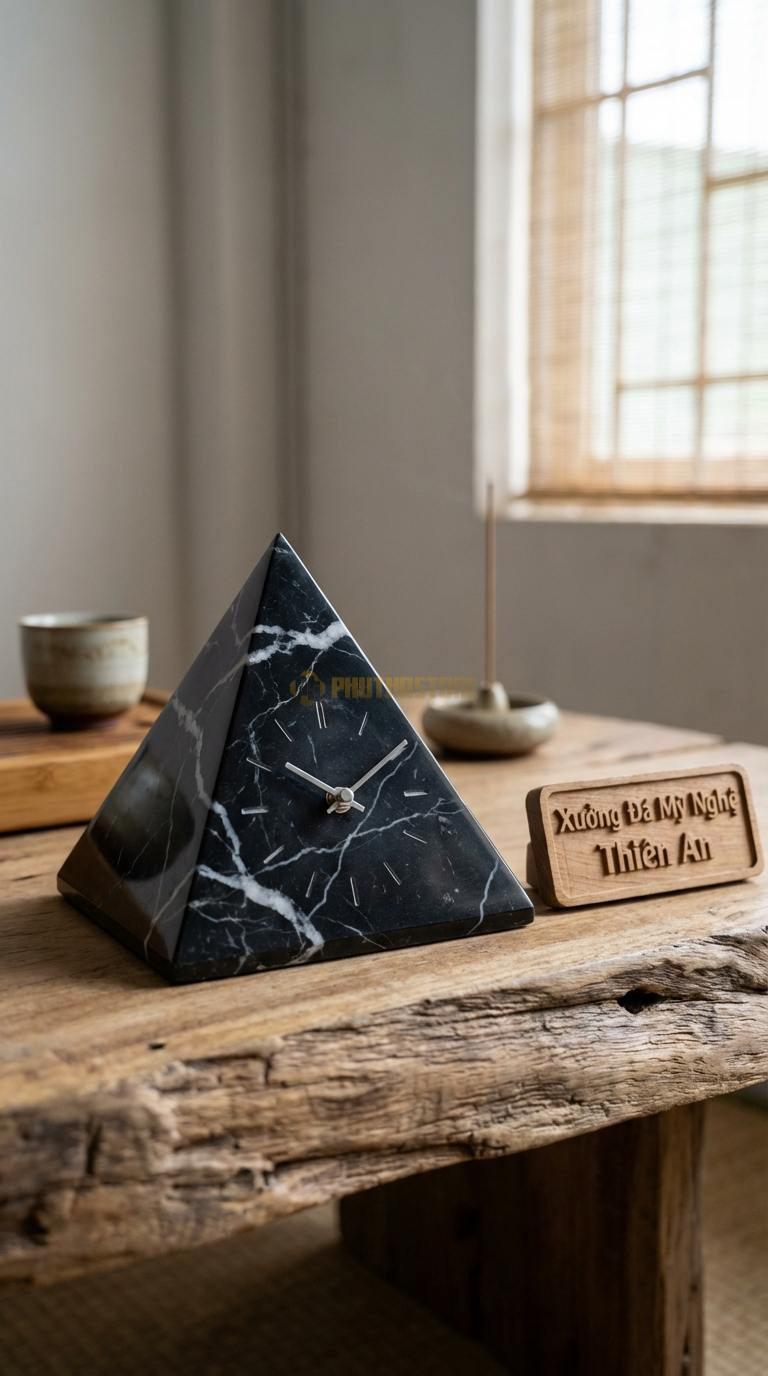 Đồng Hồ Để Bàn Đá Cao Cấp Đá Đen Tia Chớp Kim Tự Tháp (Dáng chóp, phong thủy tài lộc) 12cm x 12cm x 12cm