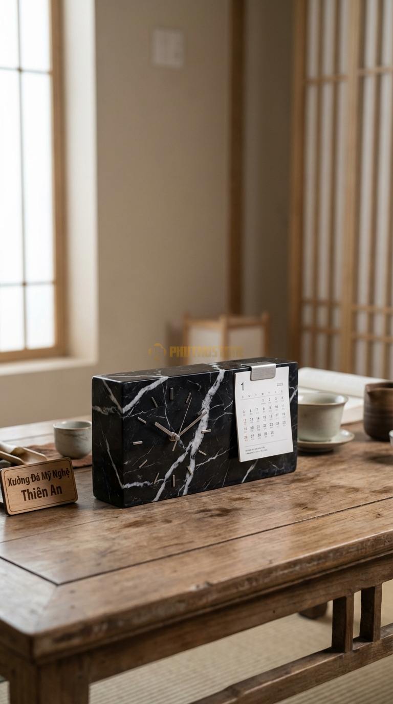 Đồng Hồ Để Bàn Đá Cao Cấp Đá Đen Tia Chớp Ổn Định (Khối chữ nhật nằm ngang, kẹp lịch) 12cm x 25cm x 7cm