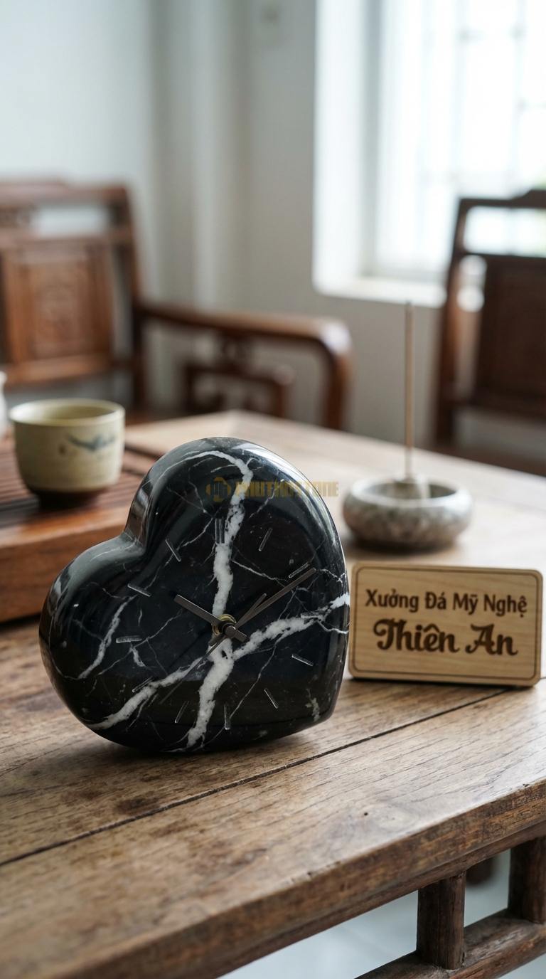 Đồng Hồ Để Bàn Đá Cao Cấp Đá Đen Tia Chớp Trái Tim Pha Lê (Đá mài bóng hình tim) 10cm x 10cm x 4cm