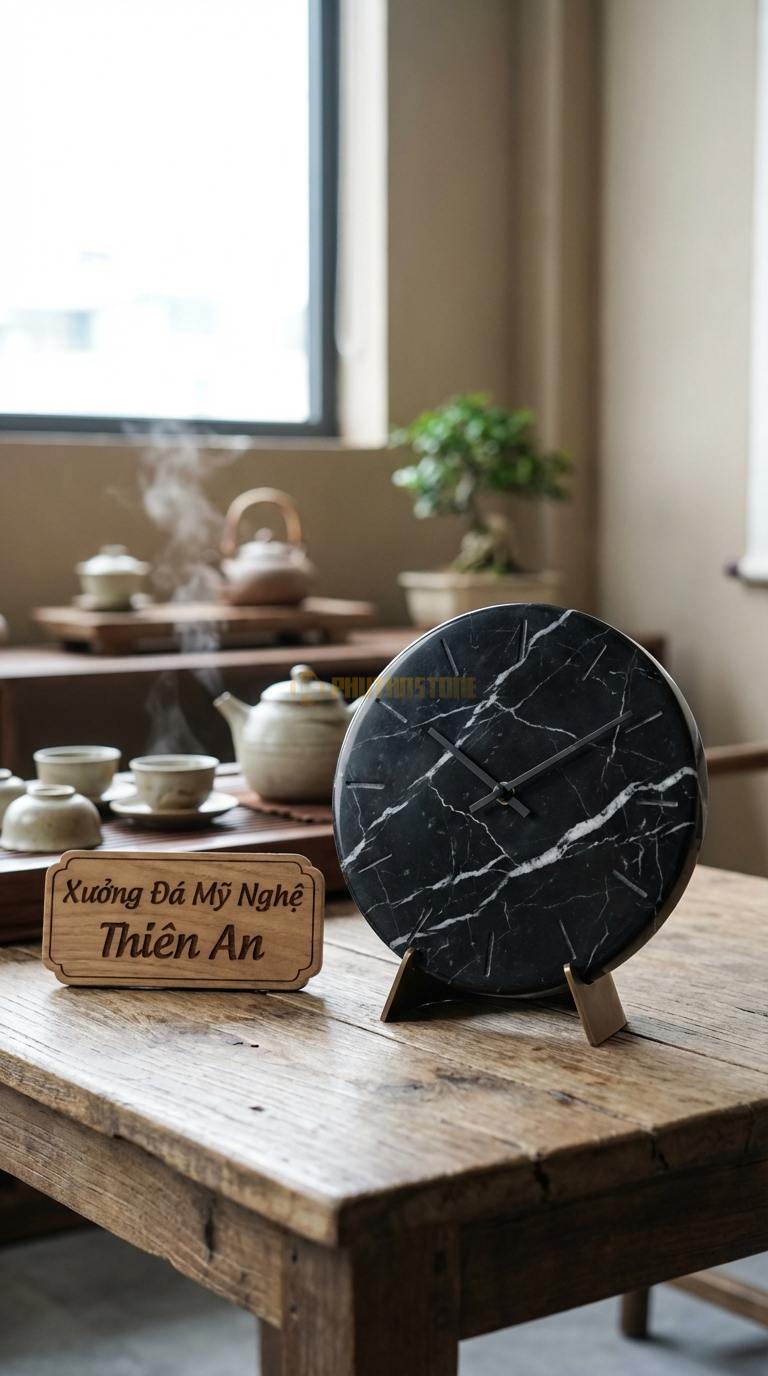Đồng Hồ Để Bàn Đá Cao Cấp Đá Đen Tia Chớp Vòng Tròn Vĩnh Cửu (Mặt đá gắn trên đế kim loại) 20cm x 18cm x 6cm