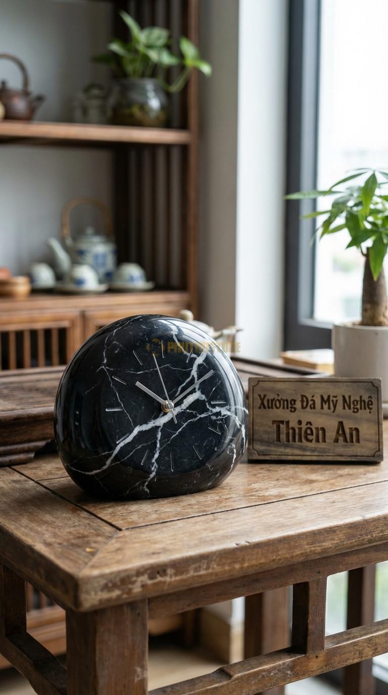 Đồng Hồ Để Bàn Đá Cao Cấp Đá Đen Tia Chớp Zen Stone (Dáng đá cuội tự nhiên bo tròn) 10cm x 15cm x 10cm