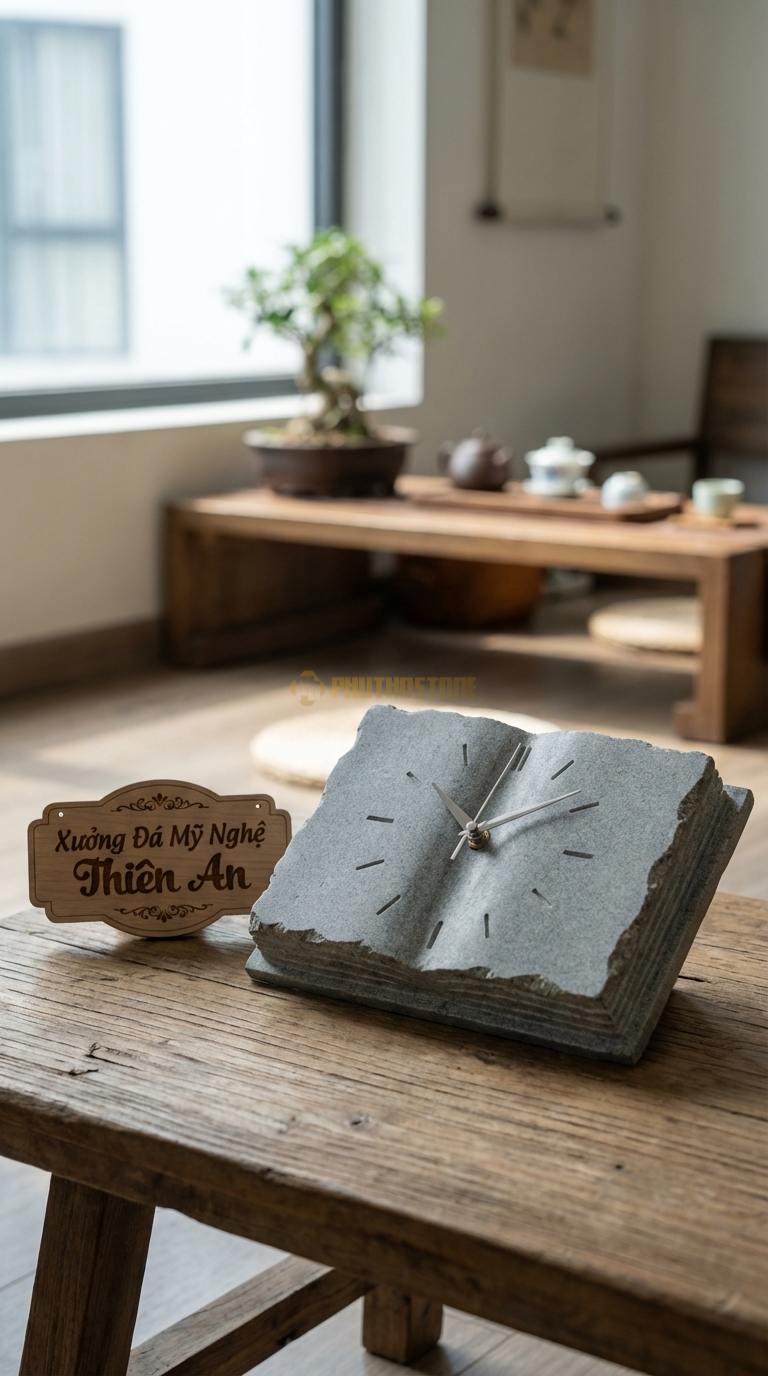 Đồng Hồ Để Bàn Đá Cao Cấp Đá Granite Cuốn Sách Thời Gian (Dáng nghiêng như quyển sách) 18cm x 14cm x 8cm